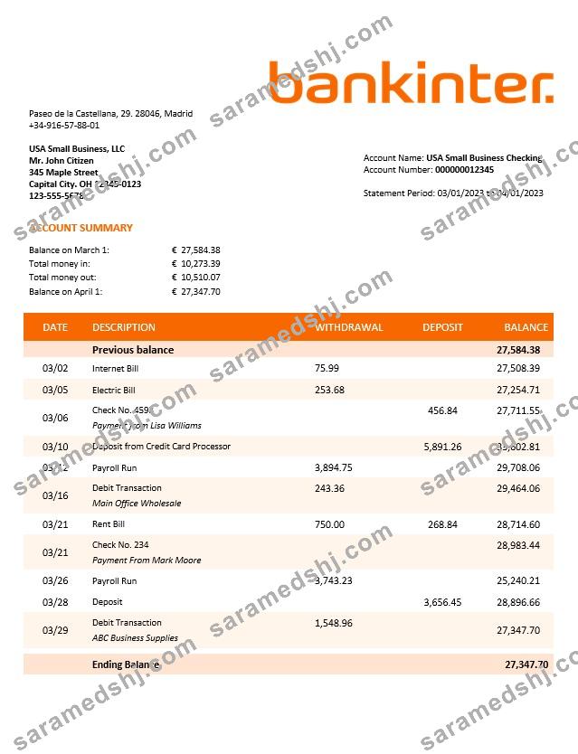 Bankinter enterprise statement Word and PDF template